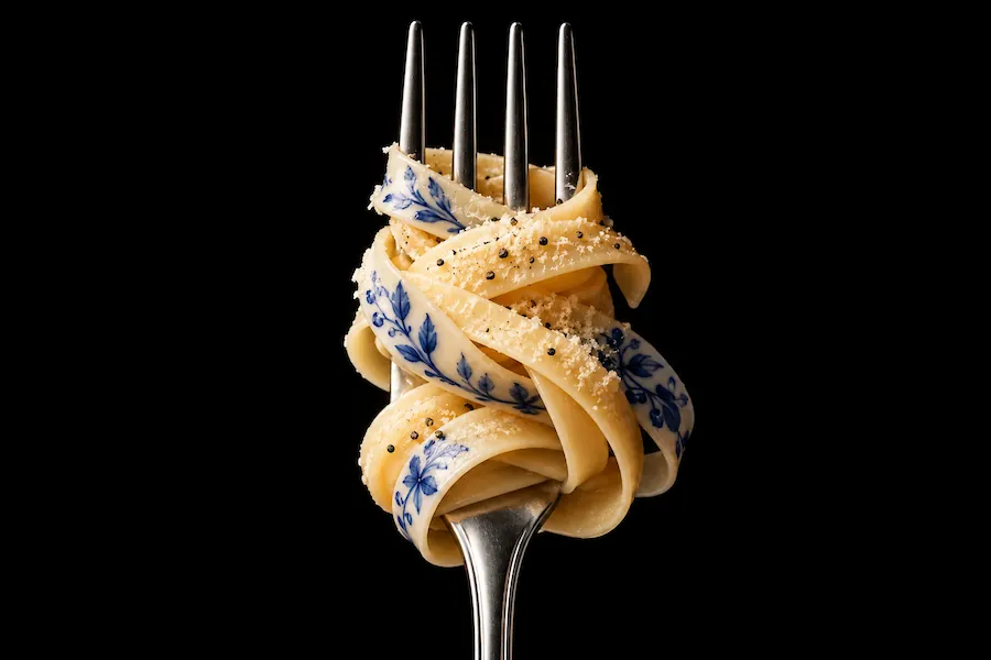 Close-up of a fork twirling fettuccine pasta decorated with blue floral patterns, sprinkled with grated cheese and black pepper, against a black background.