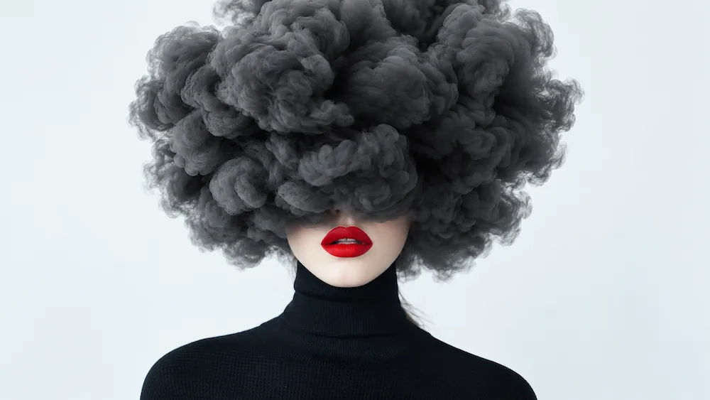 Person wearing black turtleneck with face partially obscured by voluminous black smoke or cloud above the eyes, bright red lips visible below the smoke on a light background.