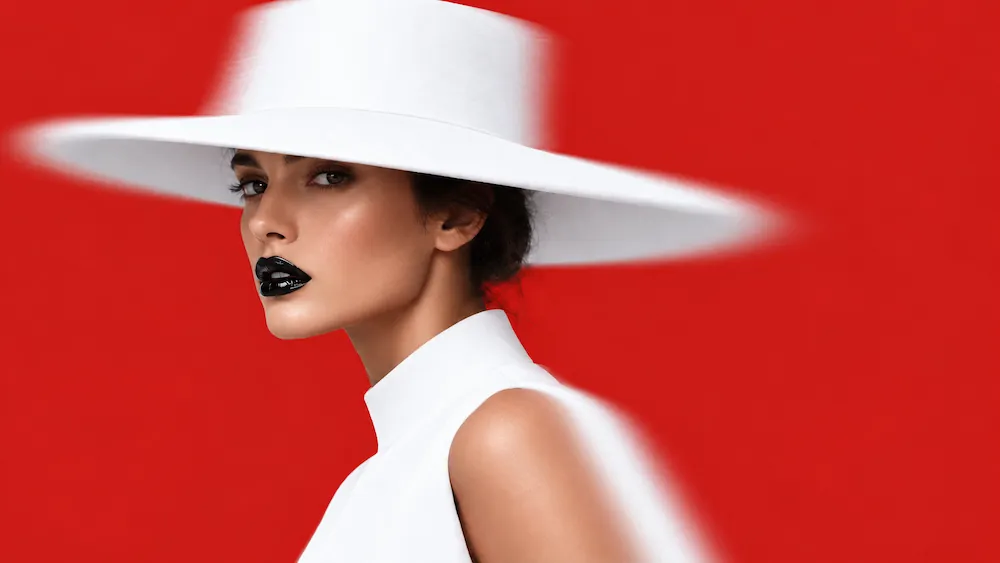 Woman with black glossy lipstick wearing a wide-brimmed white hat and a white sleeveless top against a vibrant red background.