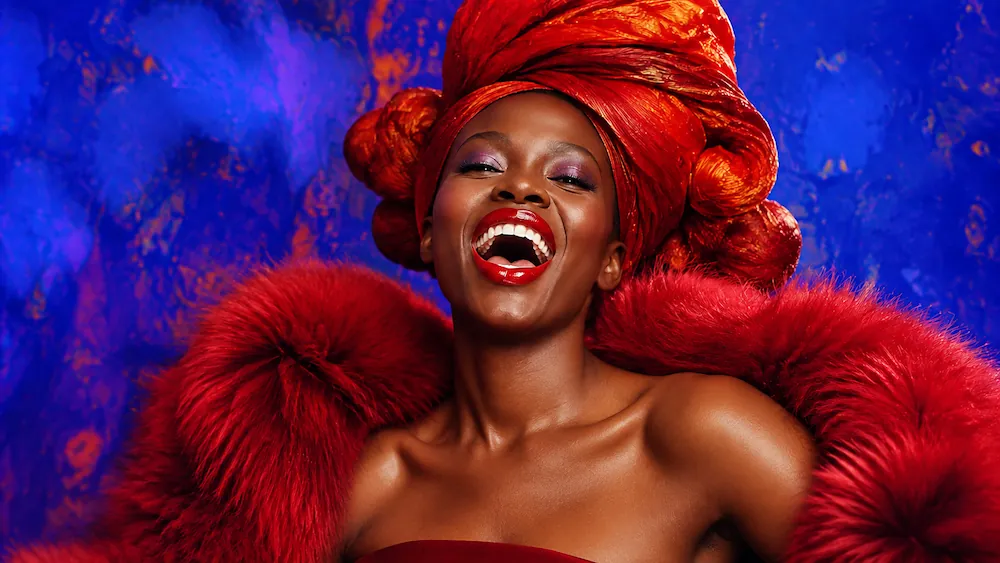 Joyful woman with dark skin wearing bright red lipstick, a large red headwrap, and a red fur-like garment against a vibrant blue and orange textured background.