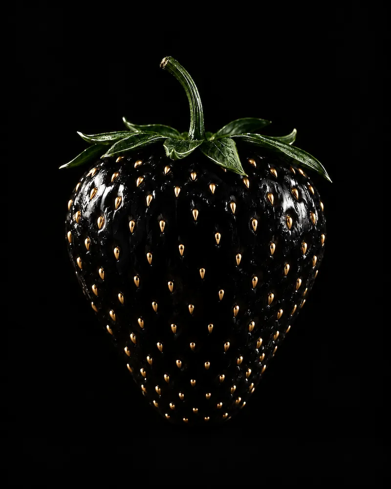Close-up of a shiny black strawberry with gold-colored seeds and green leaves on top, set against a black background.