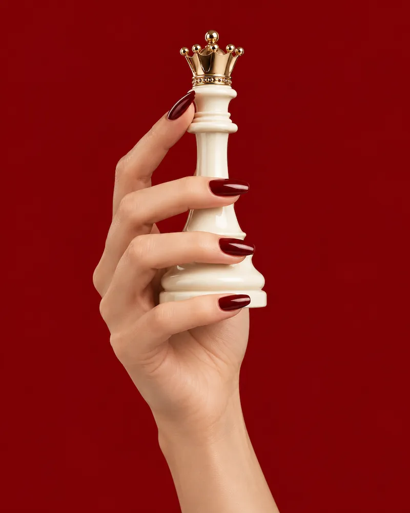 A hand with dark red polished nails holding a white chess king piece topped with a gold crown against a red background.