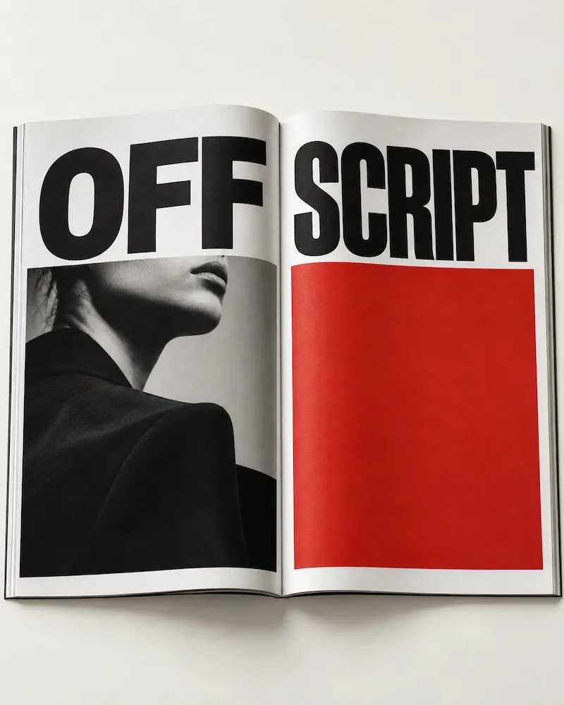 Open magazine spread with bold black text saying 'OFF SCRIPT', a black-and-white photo of a woman's jaw and neck in a dark outfit on the left page, and a solid red rectangle on the right page.