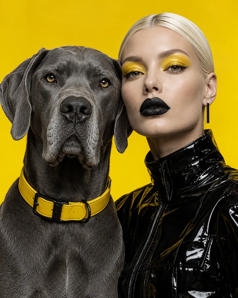 Close-up portrait of a woman with platinum blonde hair, bold yellow eyeshadow, and black lipstick, wearing a shiny black jacket, posing next to a large gray dog with a yellow collar, both against a bright yellow background.