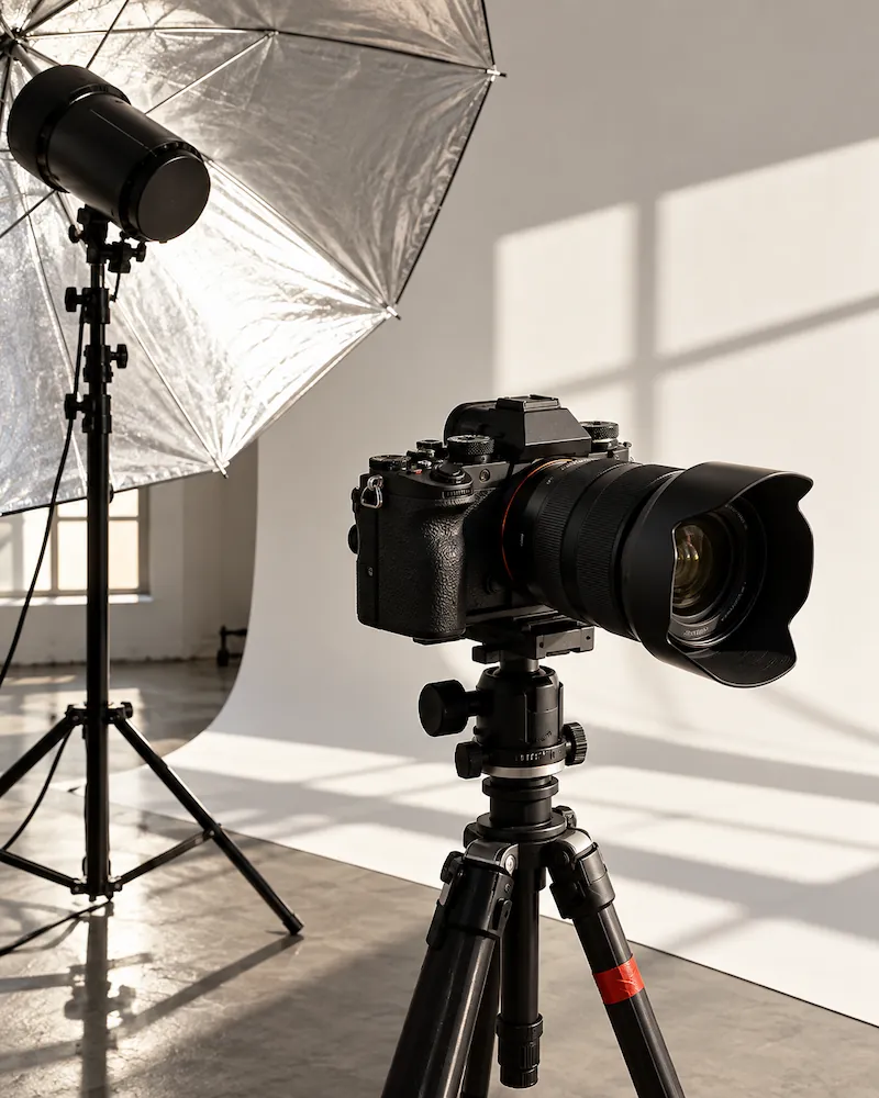 Professional camera mounted on a tripod in front of a white backdrop with a photography umbrella light setup in a bright studio with shadows of window panes on the backdrop.