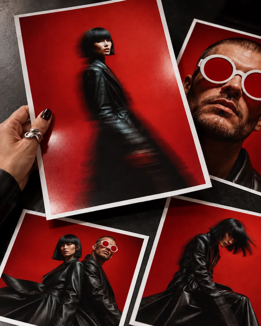 A hand holding a printed portrait of a woman in a black leather coat against a red backdrop, laid over other prints from the same shoot.