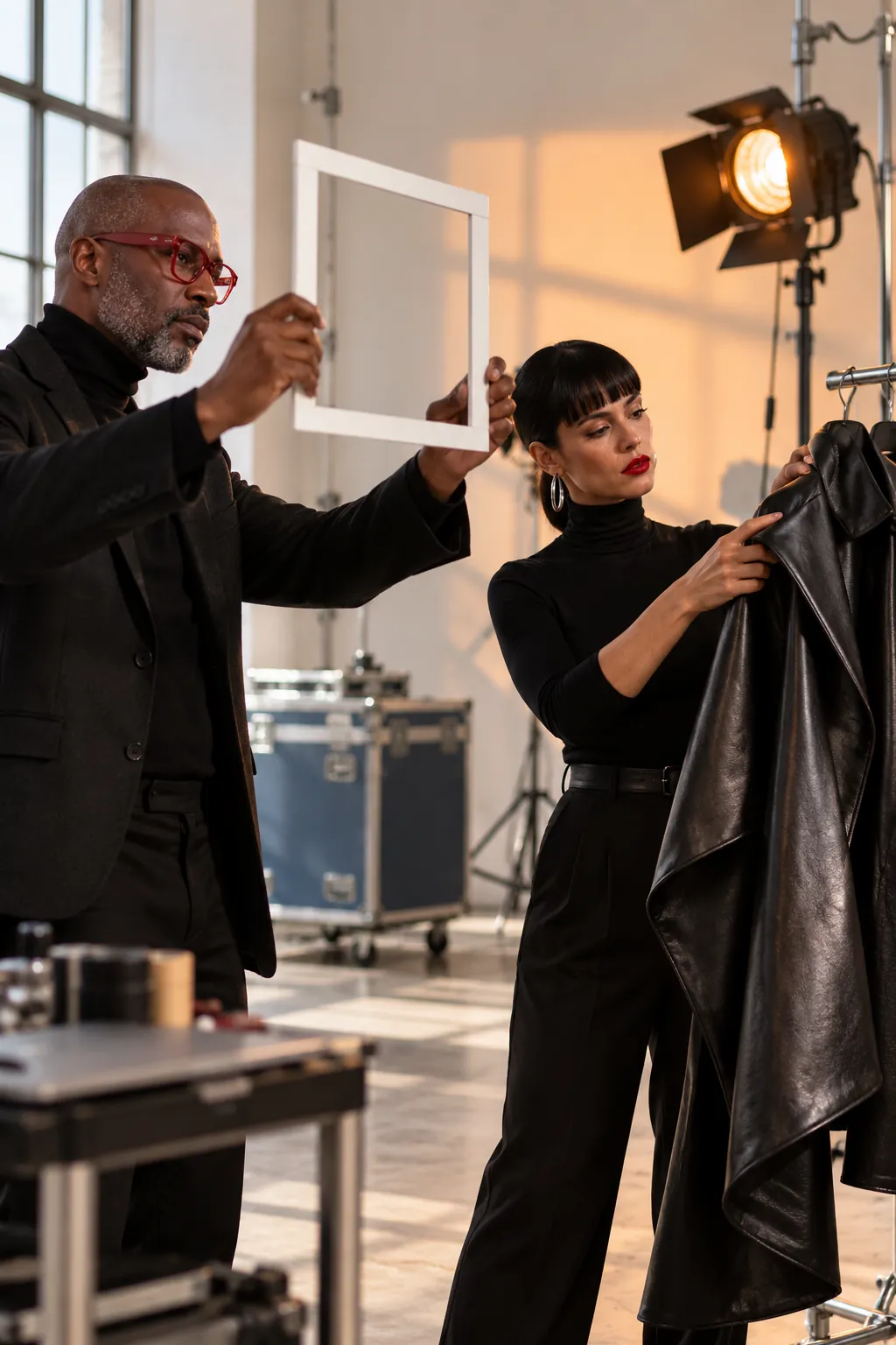 A man in red glasses holds up a white frame while a woman inspects a black leather jacket on a clothing rack in a lit studio.