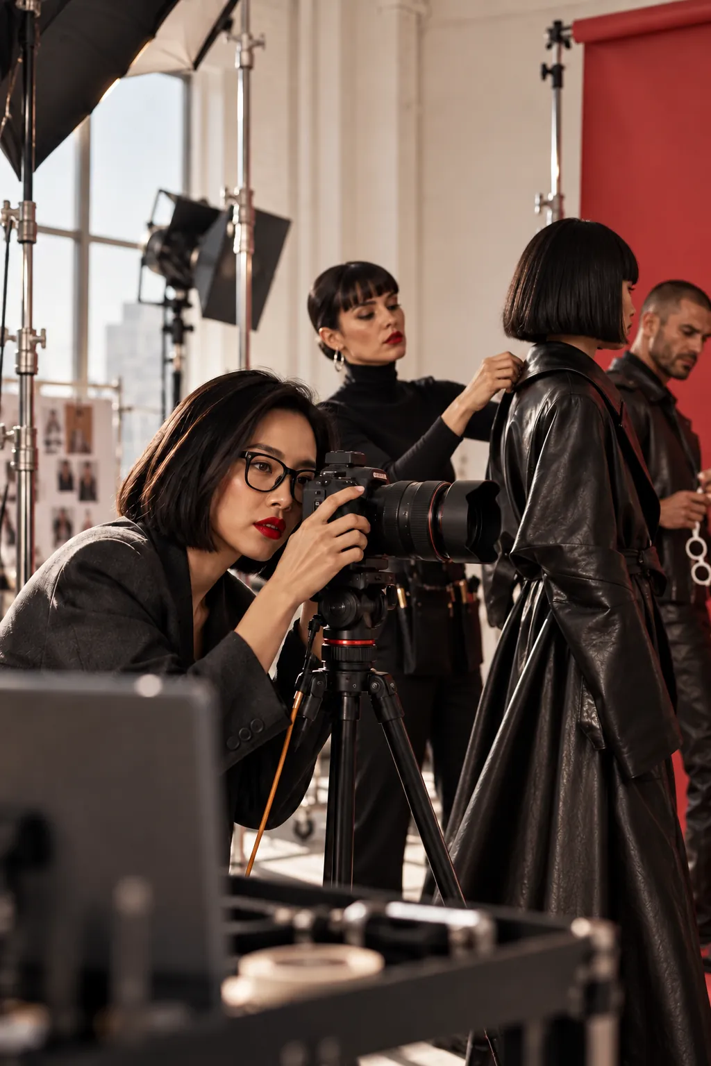 A photographer looks through a camera on a tripod as a stylist adjusts the collar of a model in a black leather coat.