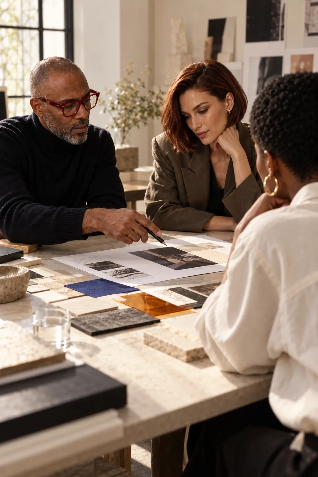 Three people at a table reviewing printed images and material samples, one man in red glasses pointing at a sheet.