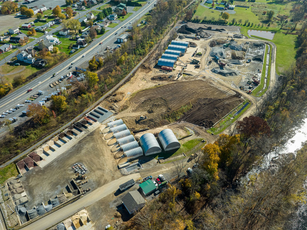 arial shot of landscaping supply company that uses thundura fabric structures to store dirt, sand, stones etc..