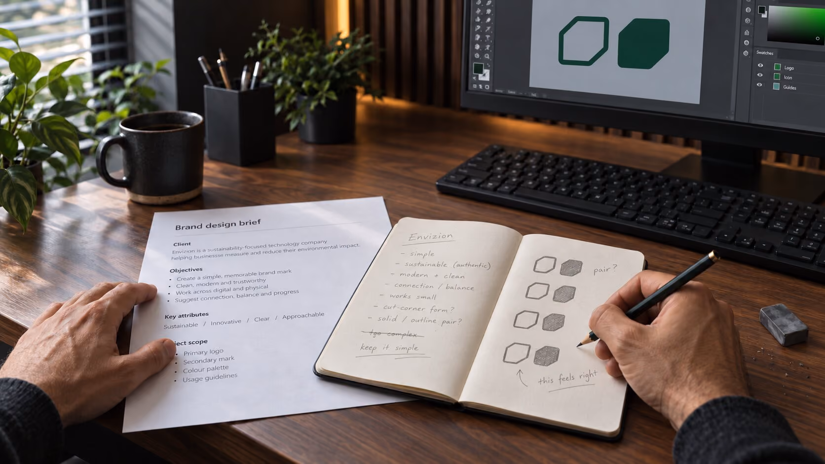 Sketching Envizion Digital icon concepts beside the design brief