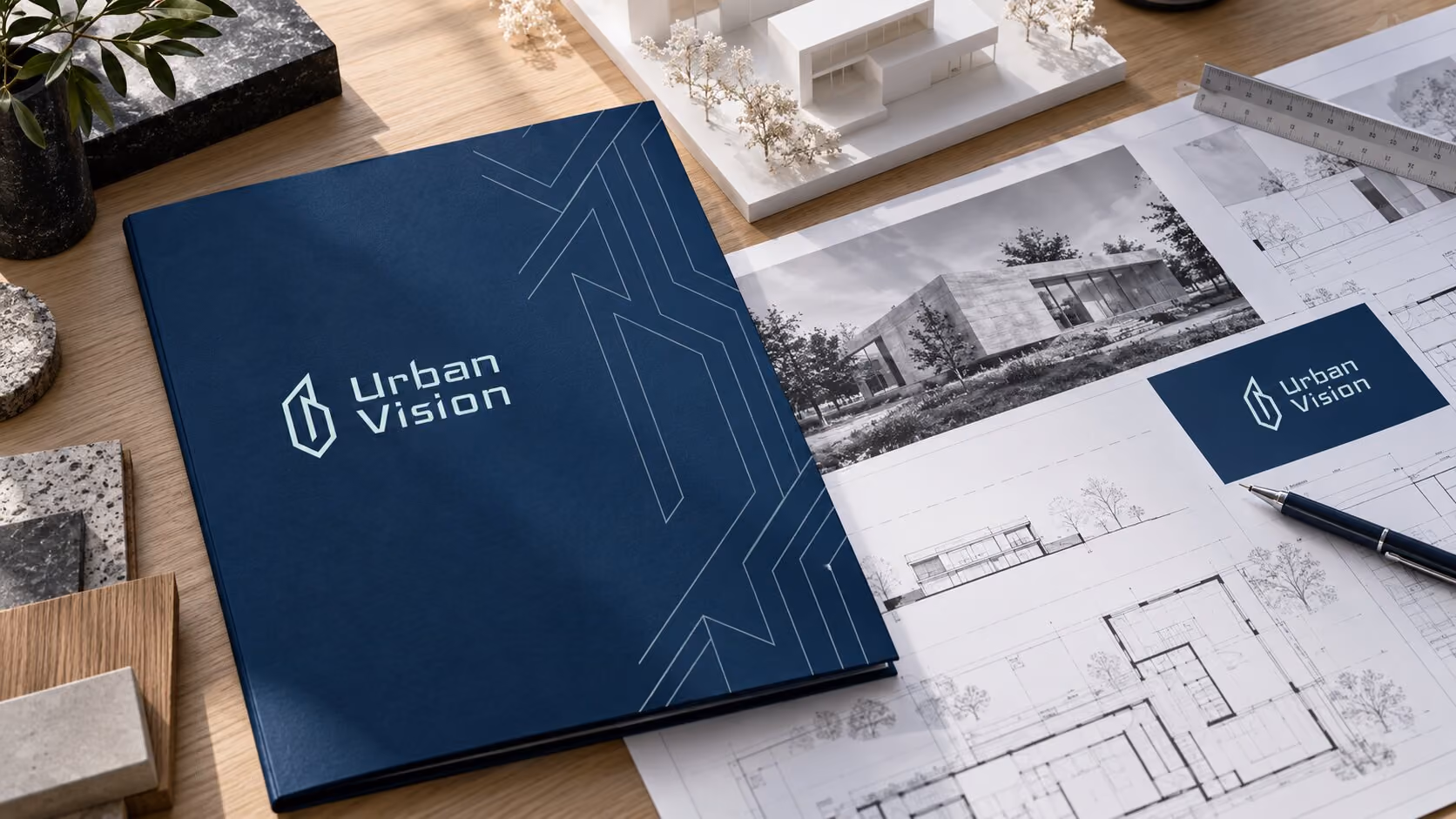 A blue booklet with the Urban Vision logo on a desk surrounded by architectural drawings, a model building, a pen, and various material samples.