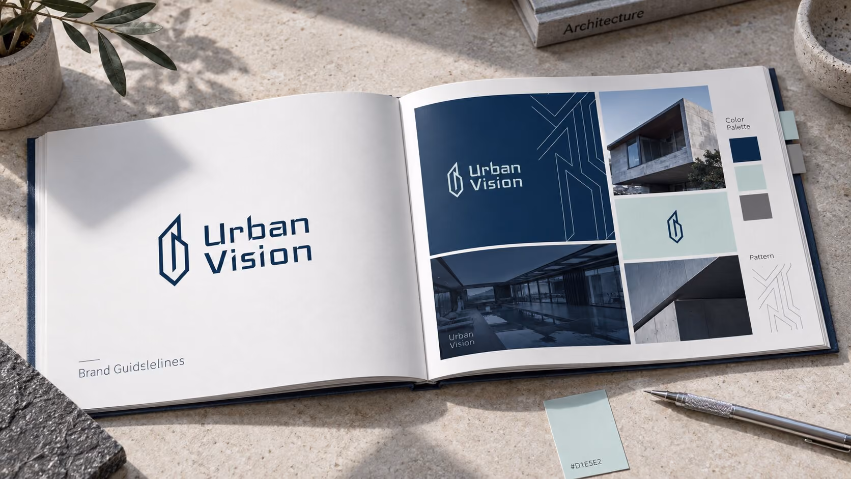 Open brand guidelines book on a textured surface featuring Urban Vision logo and visual identity elements including colour palette with blue, light teal, dark grey, and light grey, architectural photography, and abstract geometric pattern; a metal pen and a light teal colour swatch labelled #D1E5E2 lie beside the book.