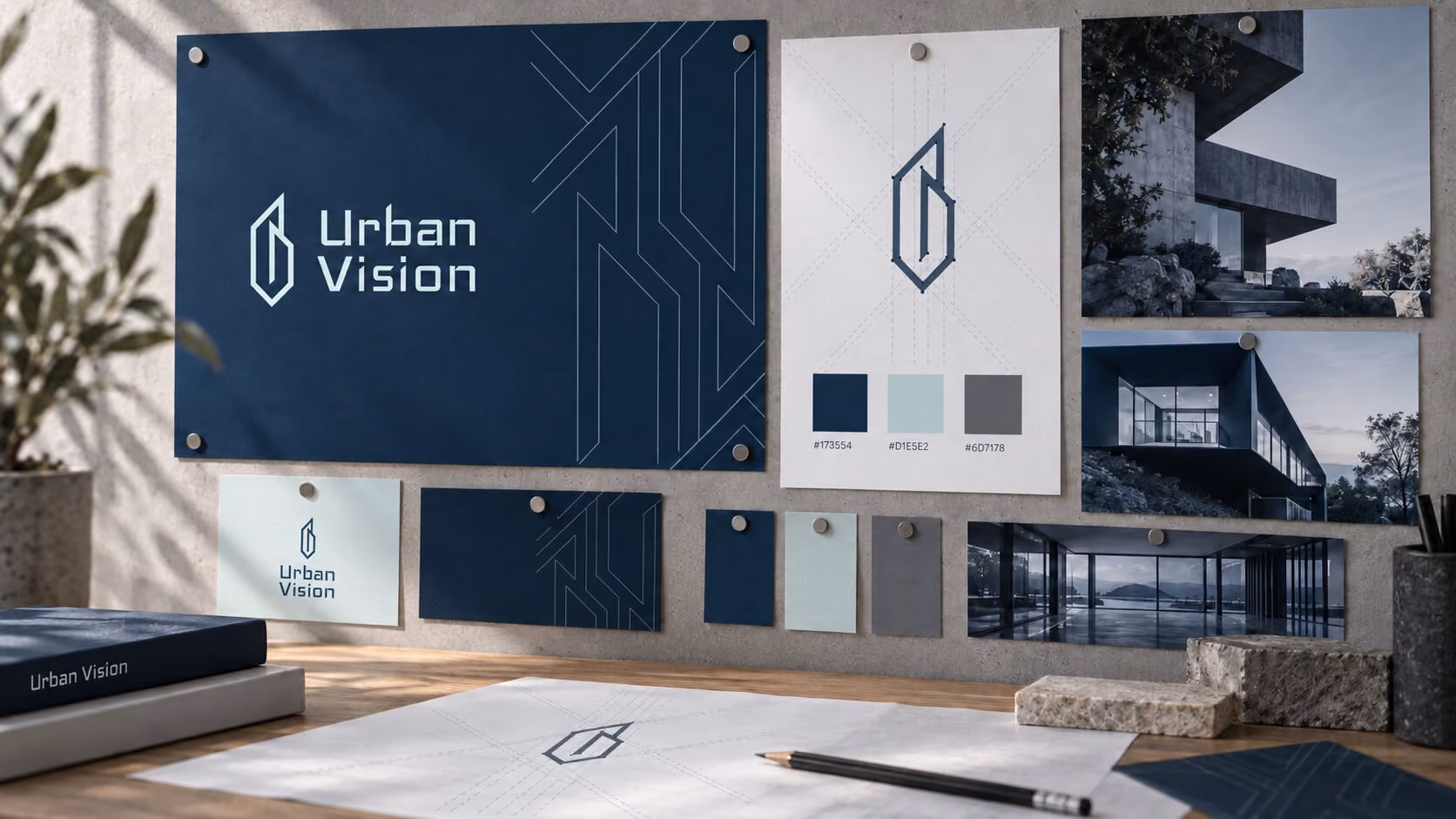 A branding display on a wall with various design elements for 'Urban Vision' including a dark blue board with the logo and text, a colour palette card, architectural photos, business cards, and a desk with papers and a pencil.