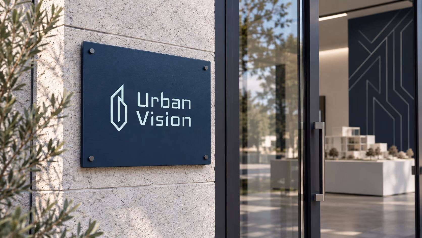 Blue plaque with white logo and text reading 'Urban Vision' mounted on a grey stone wall next to a glass door entrance with modern interior visible inside.
