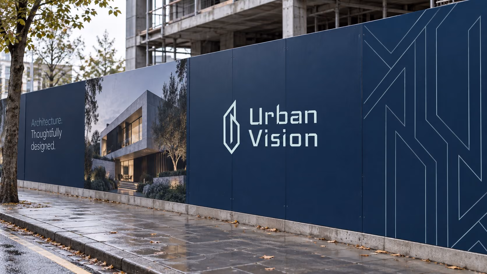 Urban Vision construction site hoarding featuring a modern building image, the text 'Architecture. Thoughtfully designed.', and the Urban Vision logo on dark blue panels along a wet pavement street.