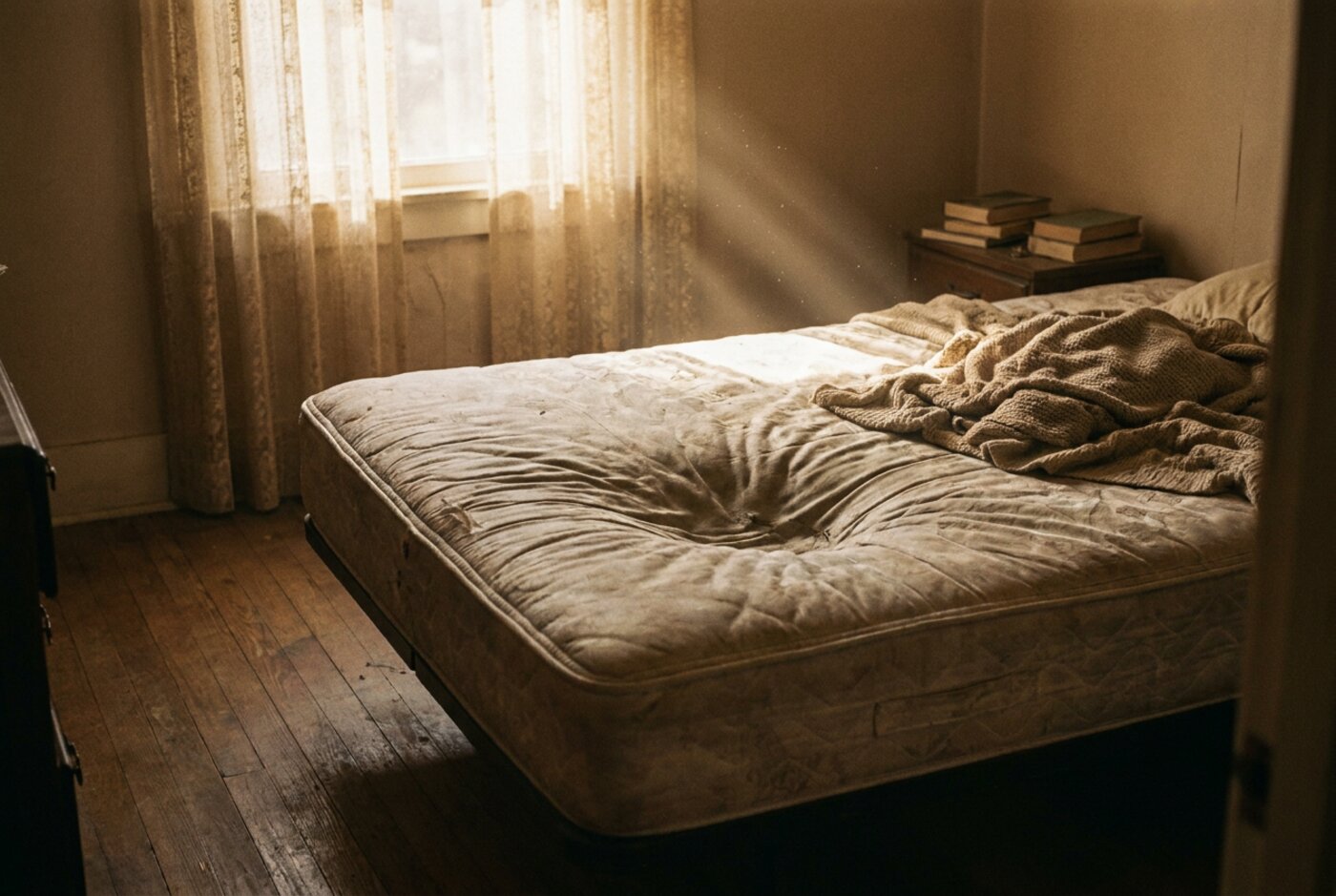 Durchgelegene Matratze mit sichtbarer Kuhle im Morgenlicht