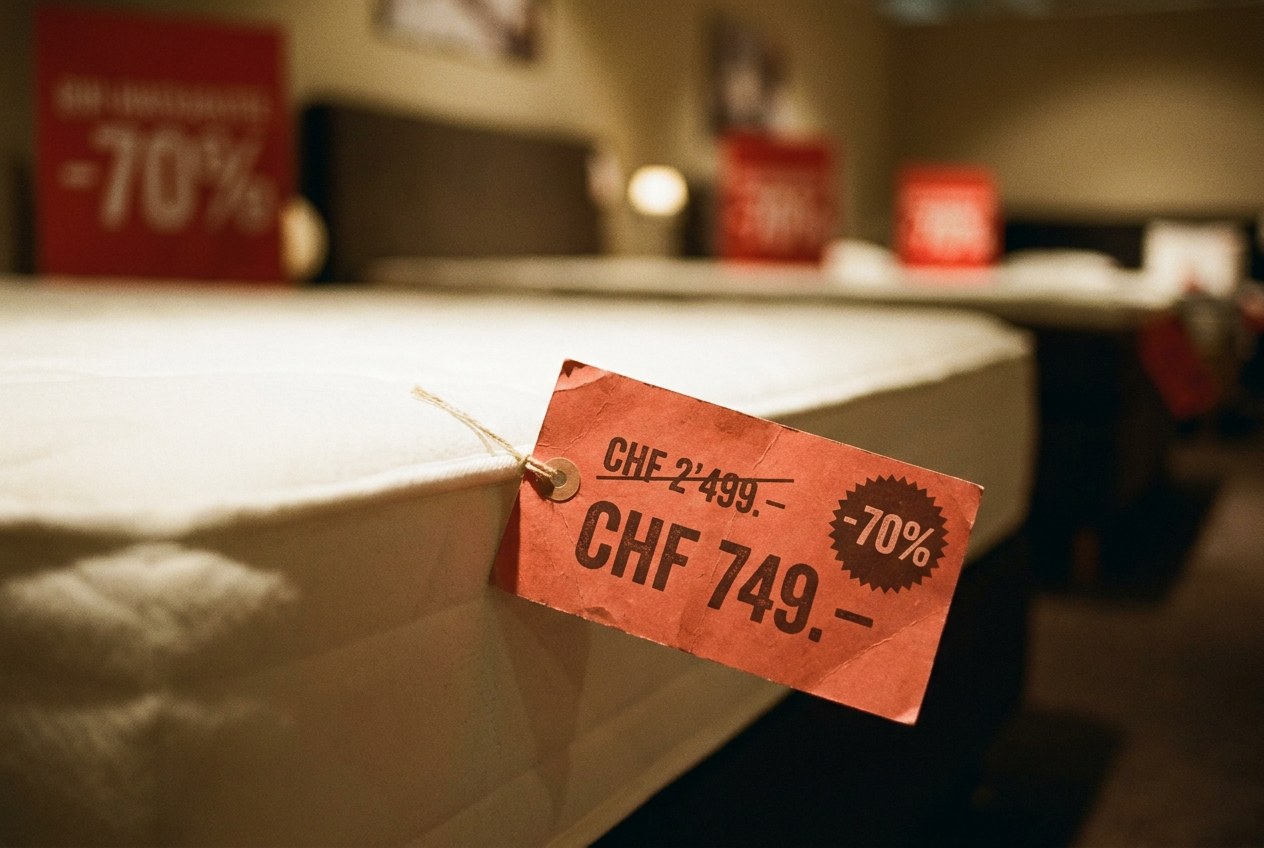 Rotes Rabattschild mit durchgestrichenem Preis an einer Matratze im Möbelhaus