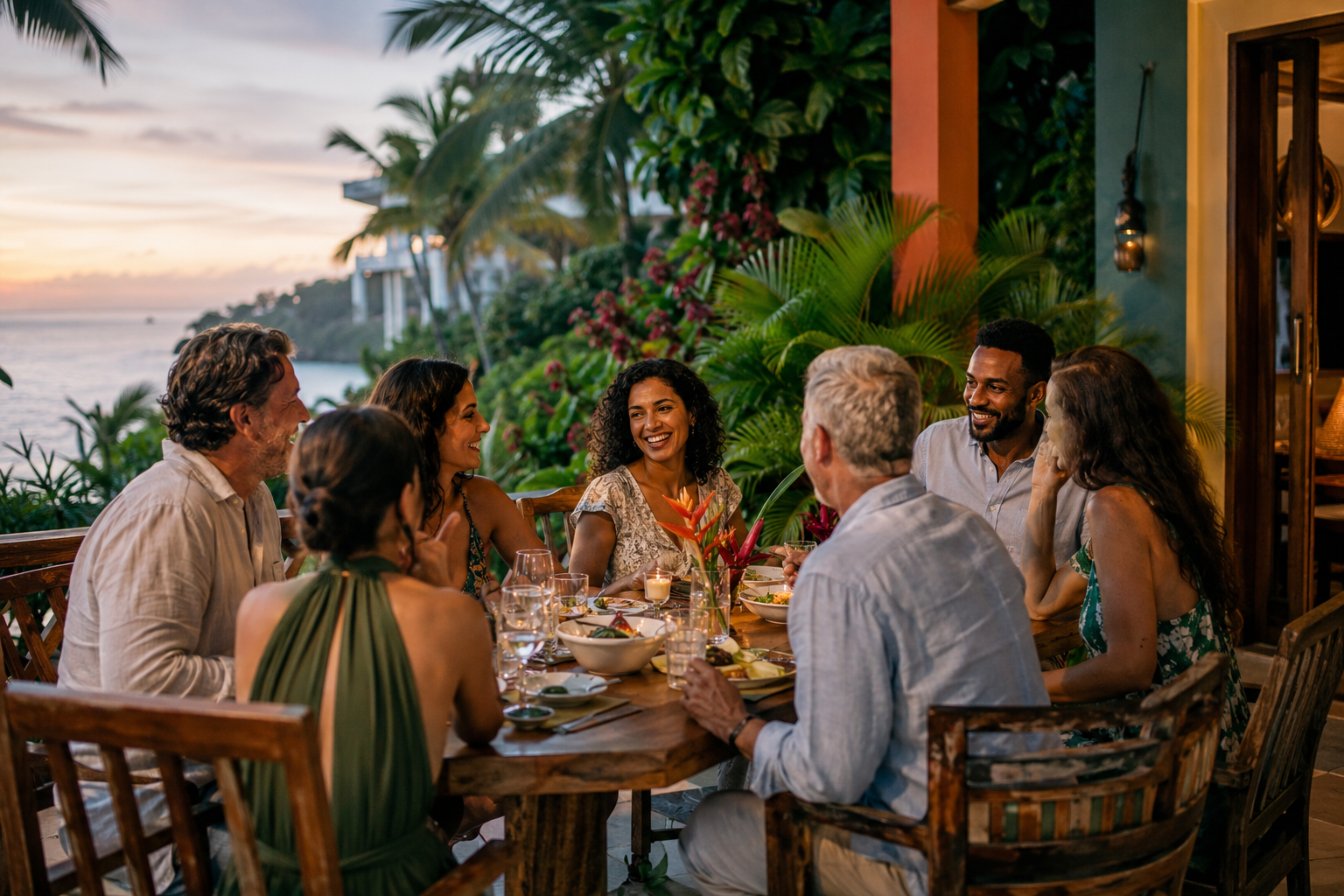 Friends sharing an outdoor milestone dinner during a destination trip