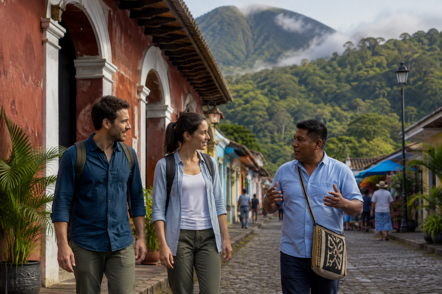 Travelers walking with a local host through a coastal hillside town