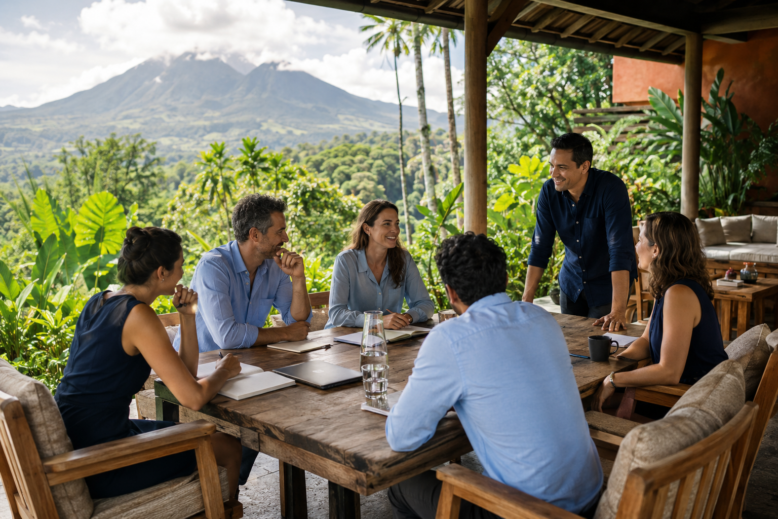 Colleagues meeting at an open-air tropical retreat with a volcanic landscape beyond