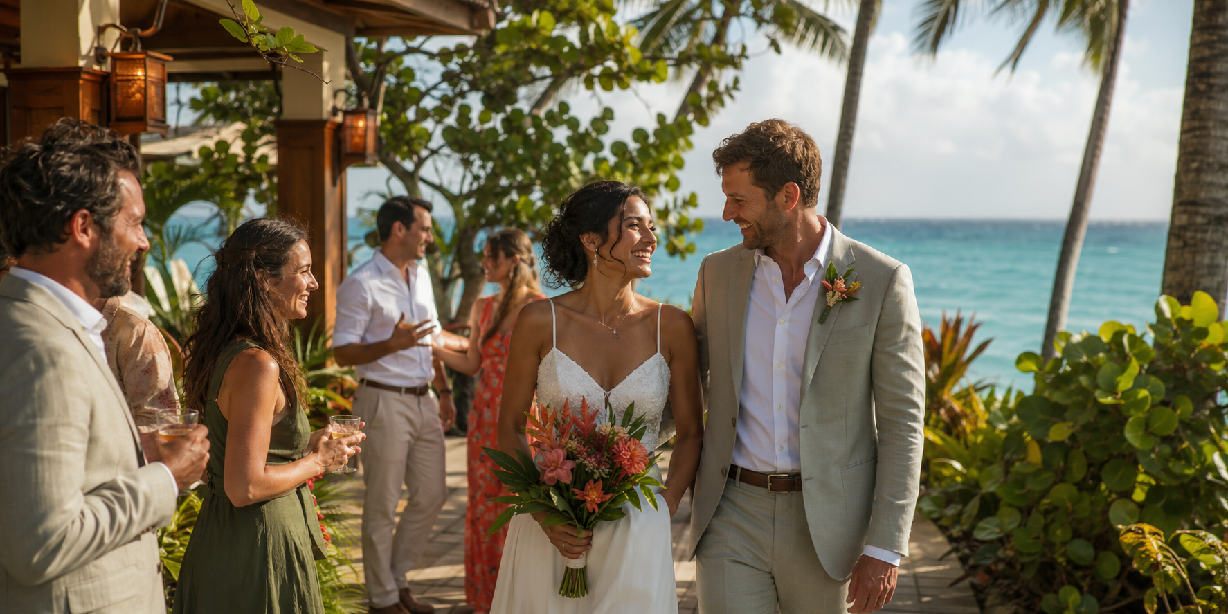 A newly married couple celebrating with guests at a tropical Caribbean coastal property