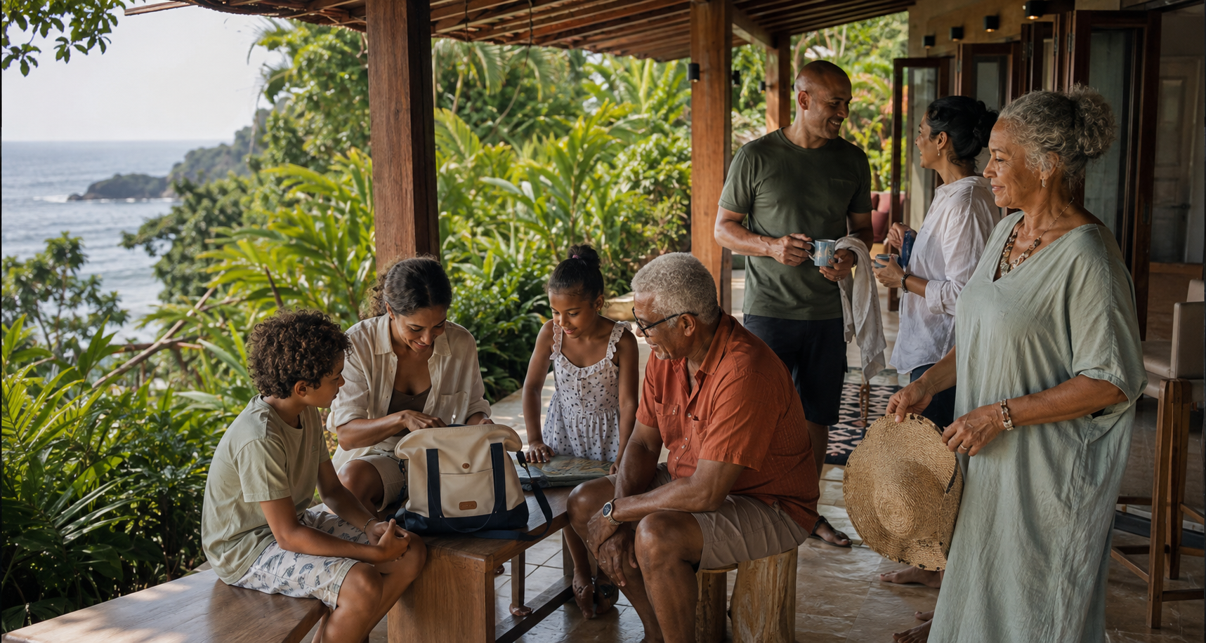 A multigenerational family preparing for a day out at a tropical Caribbean coastal stay