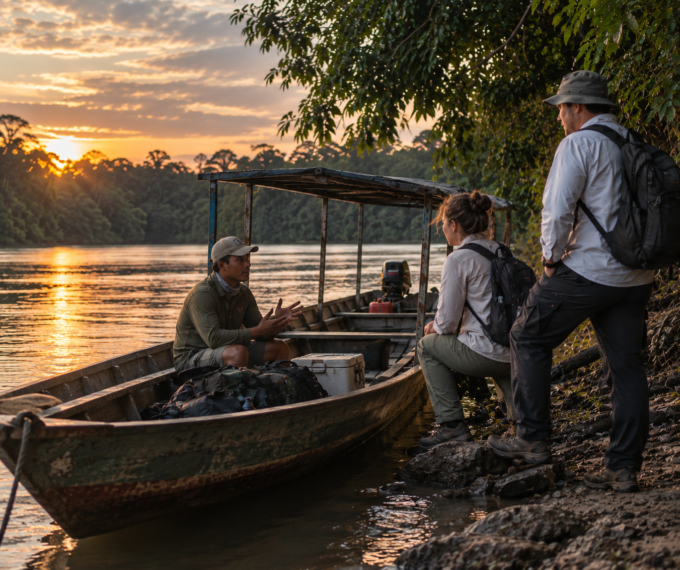 Travelers discussing a private river excursion with a local guide in Central America
