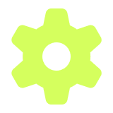 Green gear icon with six rounded teeth and a circular hole in the center on a white background.