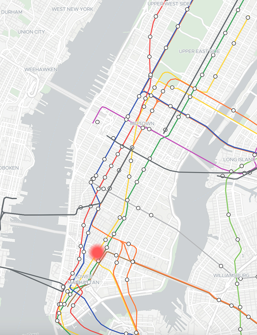 Map of New York City subway system section showing midtown, upper east and west sides, lower Manhattan, and parts of Brooklyn with colored subway lines and station points, featuring a red marker near lower Manhattan.