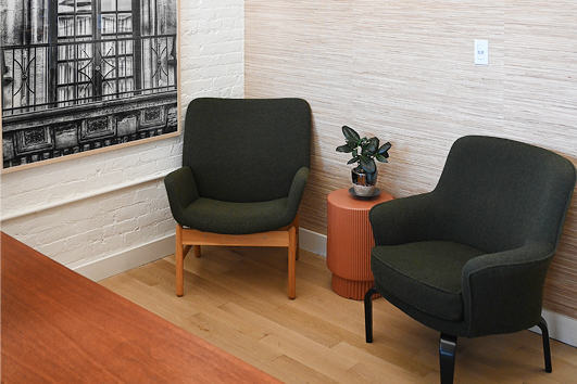 Two dark green armchairs in a corner of a room with light-colored walls and wooden floor, separated by a small round orange table with a potted plant on it, and a large black-and-white framed photo on one wall.