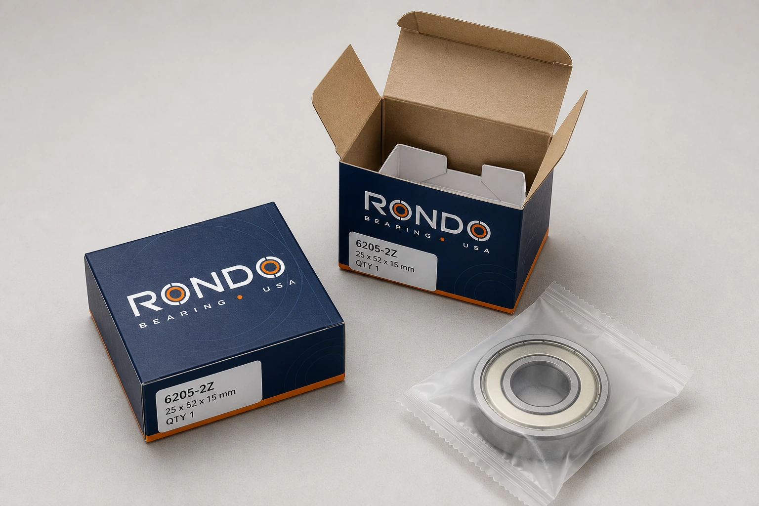 Rondo individual packaging concept: navy folded cartons and a protected shielded bearing.