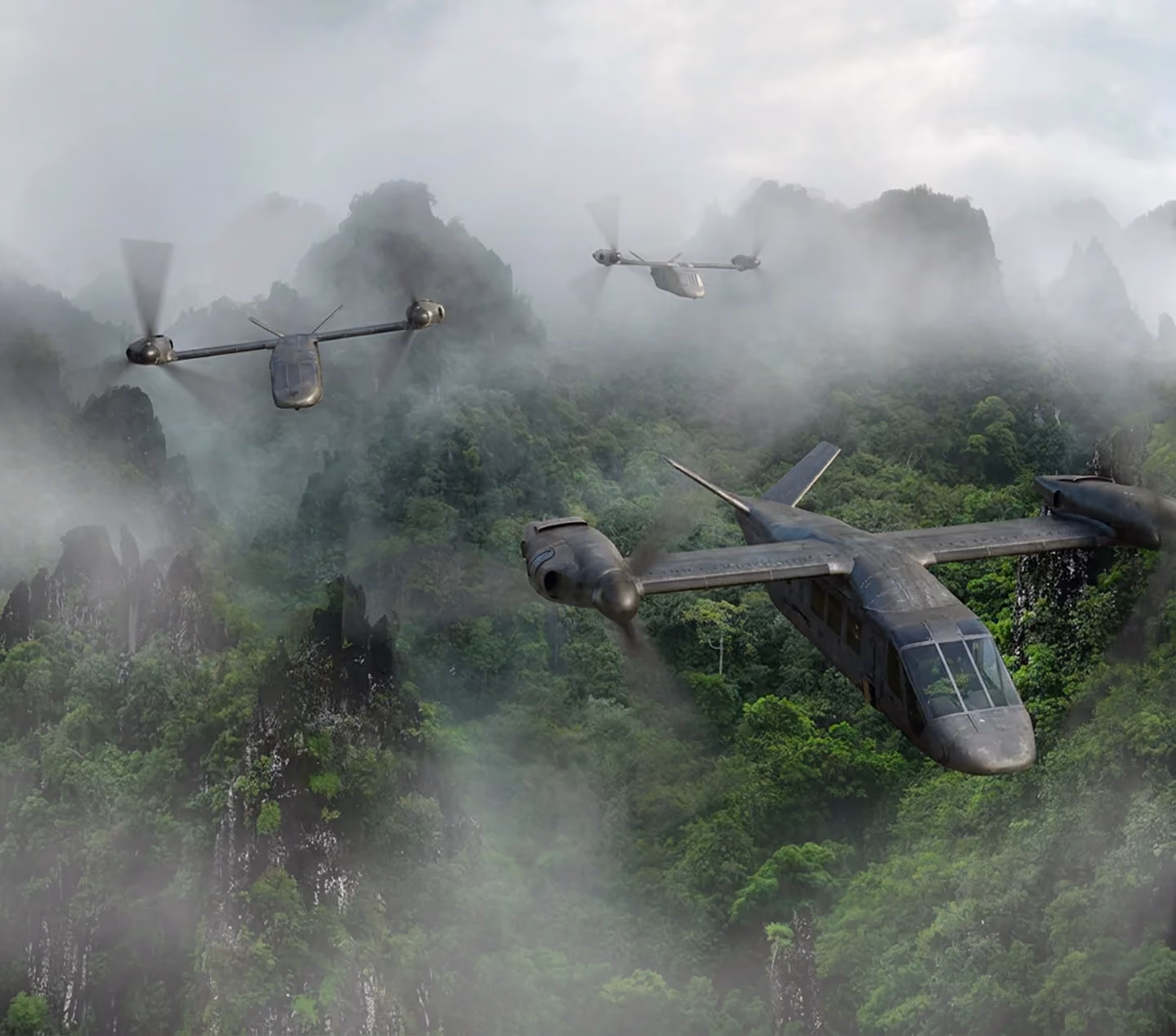 Military choppers flying in jungle