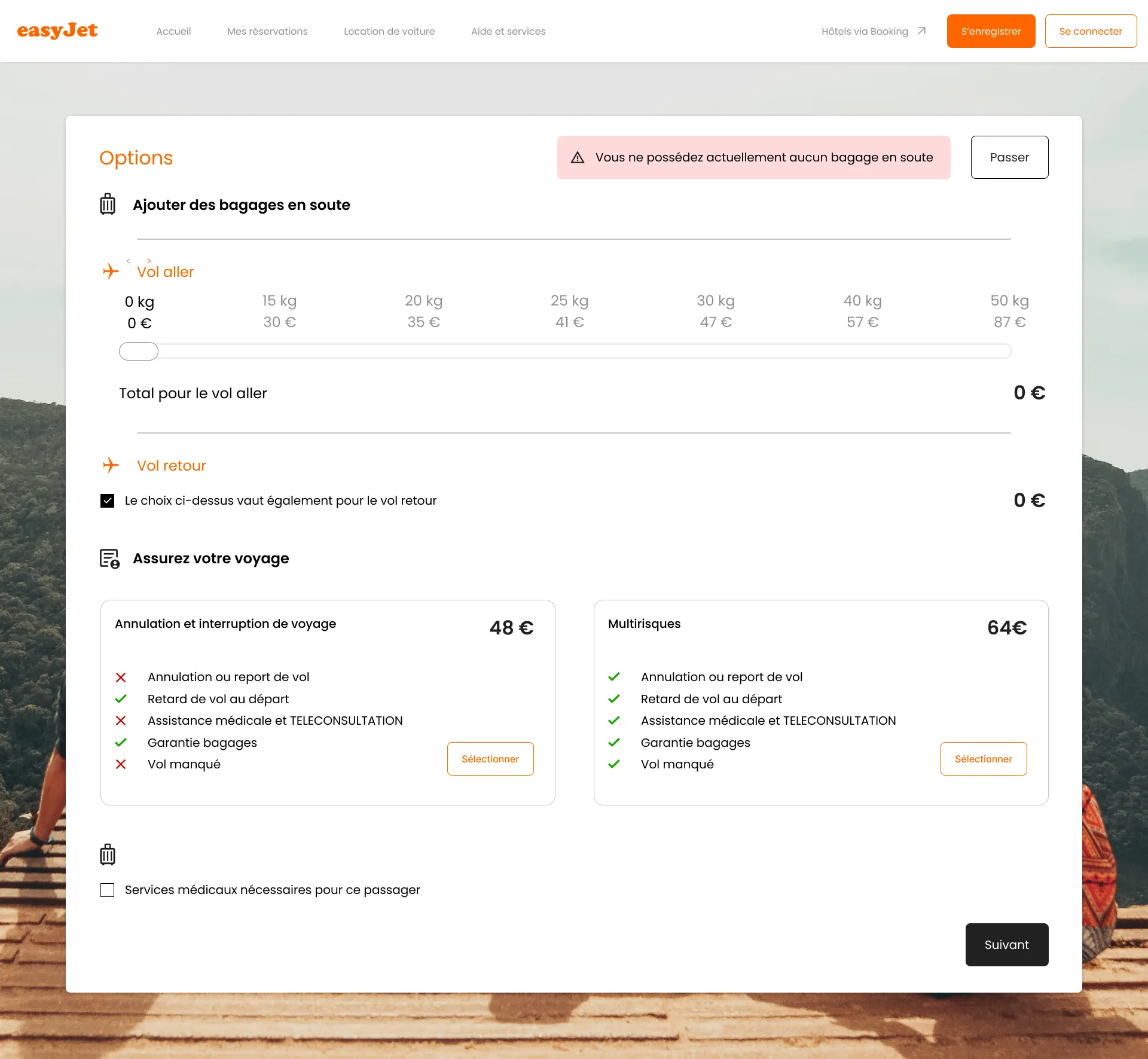 Écran unique regroupant bagages et assurances