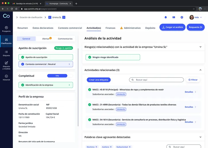 Assistant de classification, onglet analyse de l'activité