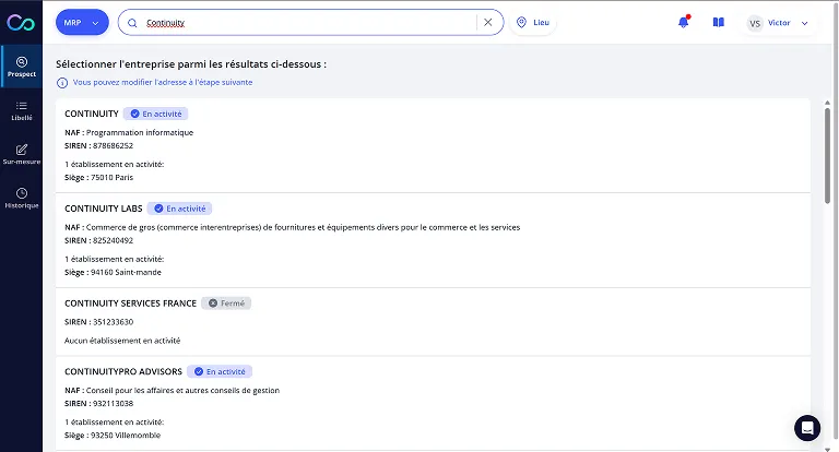 Écran de recherche et de sélection d'une entreprise dans l'outil Continuity