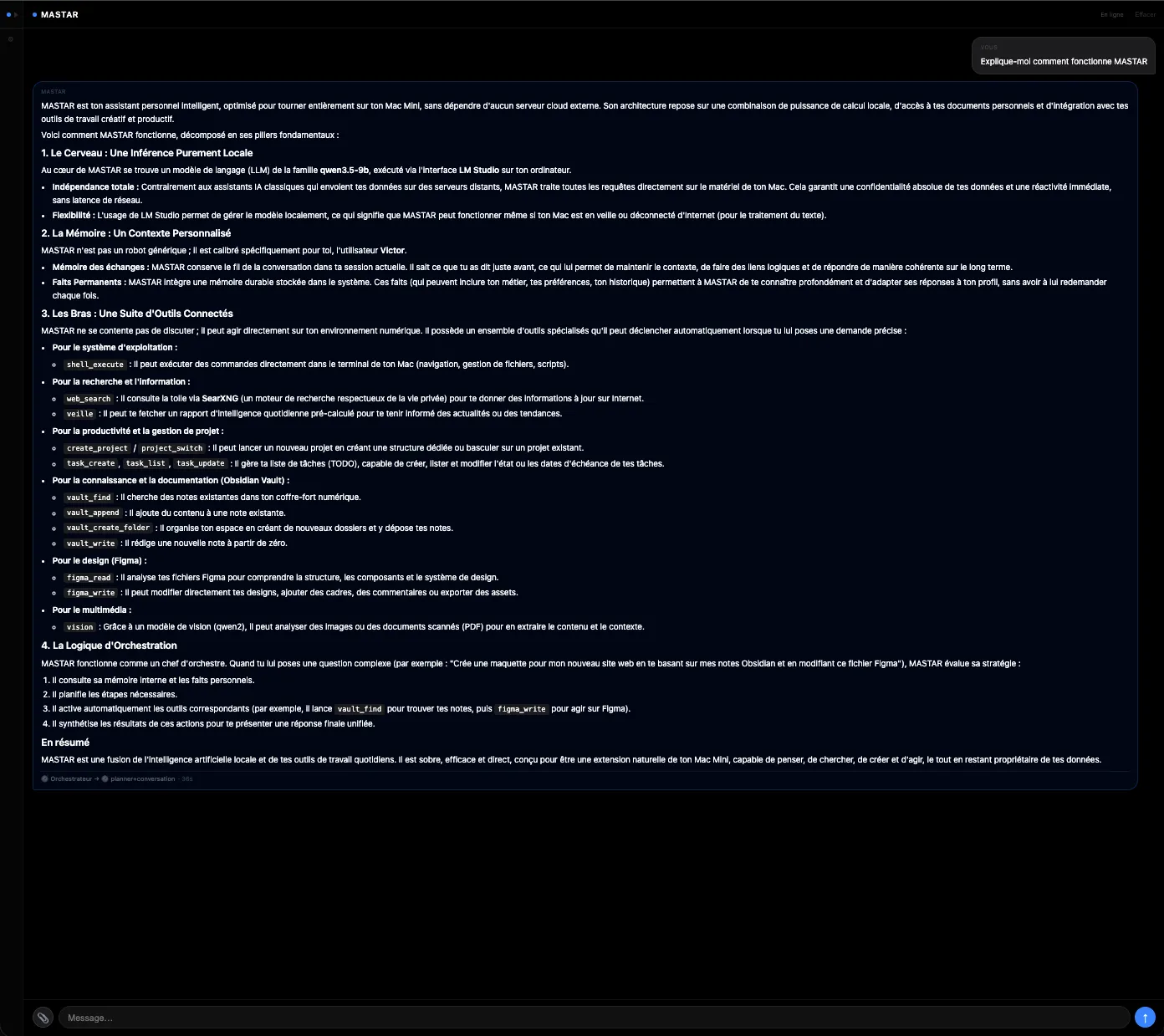 MASTAR décrivant sa propre architecture locale : le cerveau, la mémoire, la suite d'outils et le logiciel d'orchestration