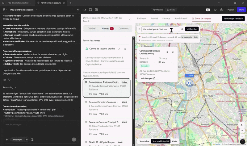 Démonstration animée de la carte interactive : centres de secours dans un rayon de 20 km, tracé du parcours et temps de trajet