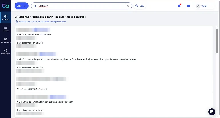 Écran de recherche et de sélection d'une entreprise dans l'outil Continuity