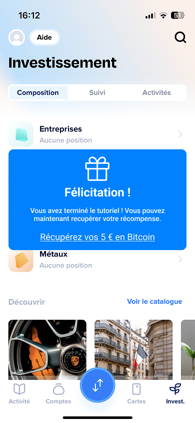 Écran de fin du tutoriel annonçant les 5 euros en bitcoin à récupérer