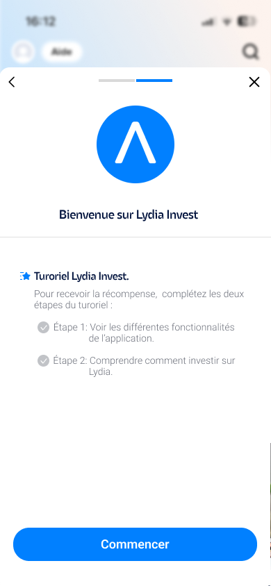 Écran d'accueil du tutoriel Lydia Invest, avec les deux étapes et la récompense