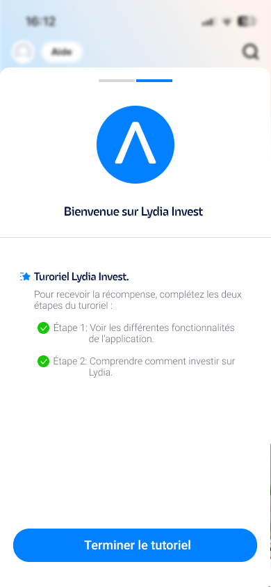Suivi de progression du tutoriel : les deux étapes cochées et le bouton Terminer le tutoriel