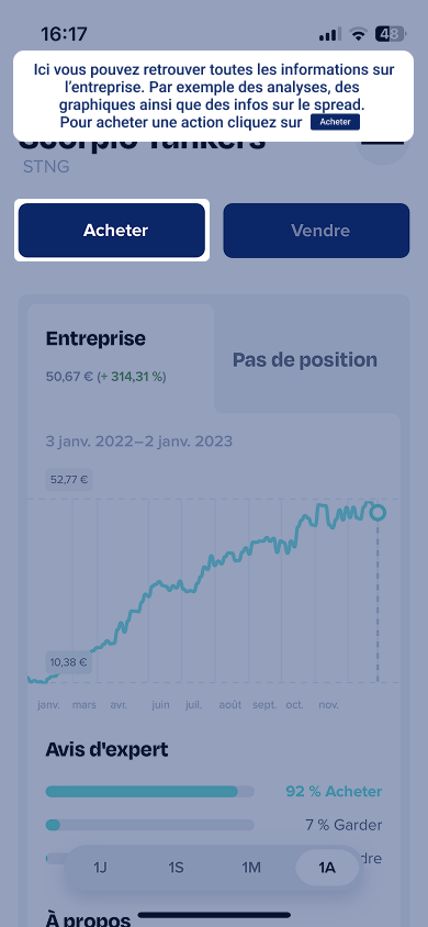 Fiche d'une action avec son graphique et le bouton Acheter mis en avant