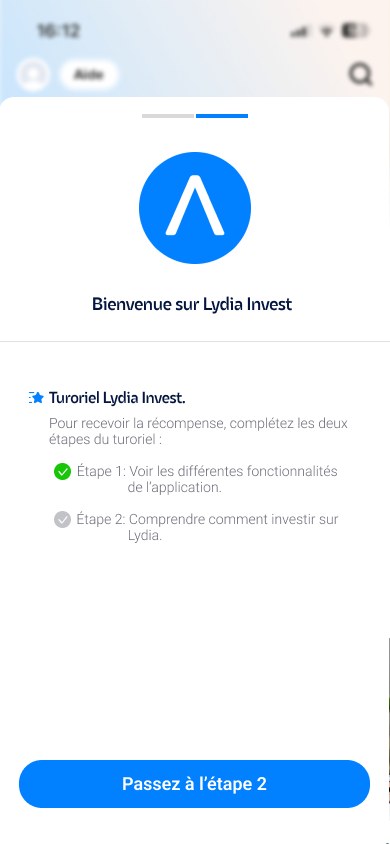 Écran de progression du tutoriel avec l'étape 1 cochée et le bouton Passez à l'étape 2