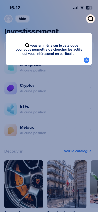 Bulle du tutoriel mettant en avant la recherche, le reste de l'écran atténué