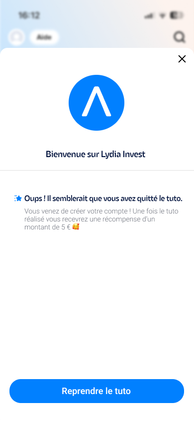 Écran de reprise après abandon du tutoriel, avec le bouton Reprendre le tuto