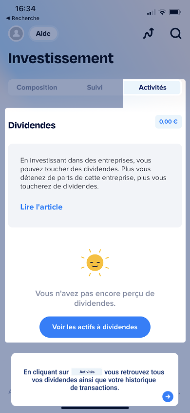 Bulle d'aide expliquant l'onglet Activités et le suivi des dividendes