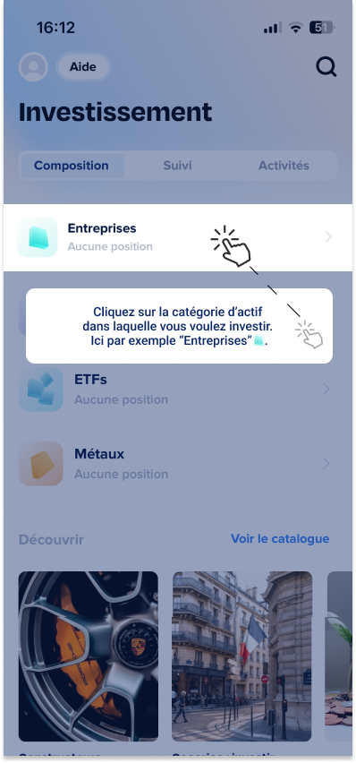 Indication de cliquer sur la catégorie d'actif Entreprises
