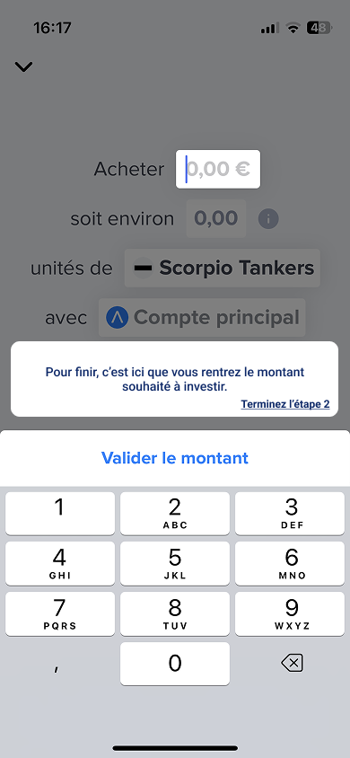 Écran de saisie du montant à investir, avec le pavé numérique