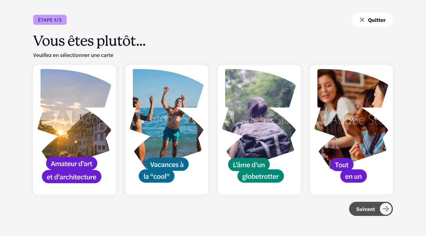 Première question du test : quatre cartes de profil de voyageur à sélectionner